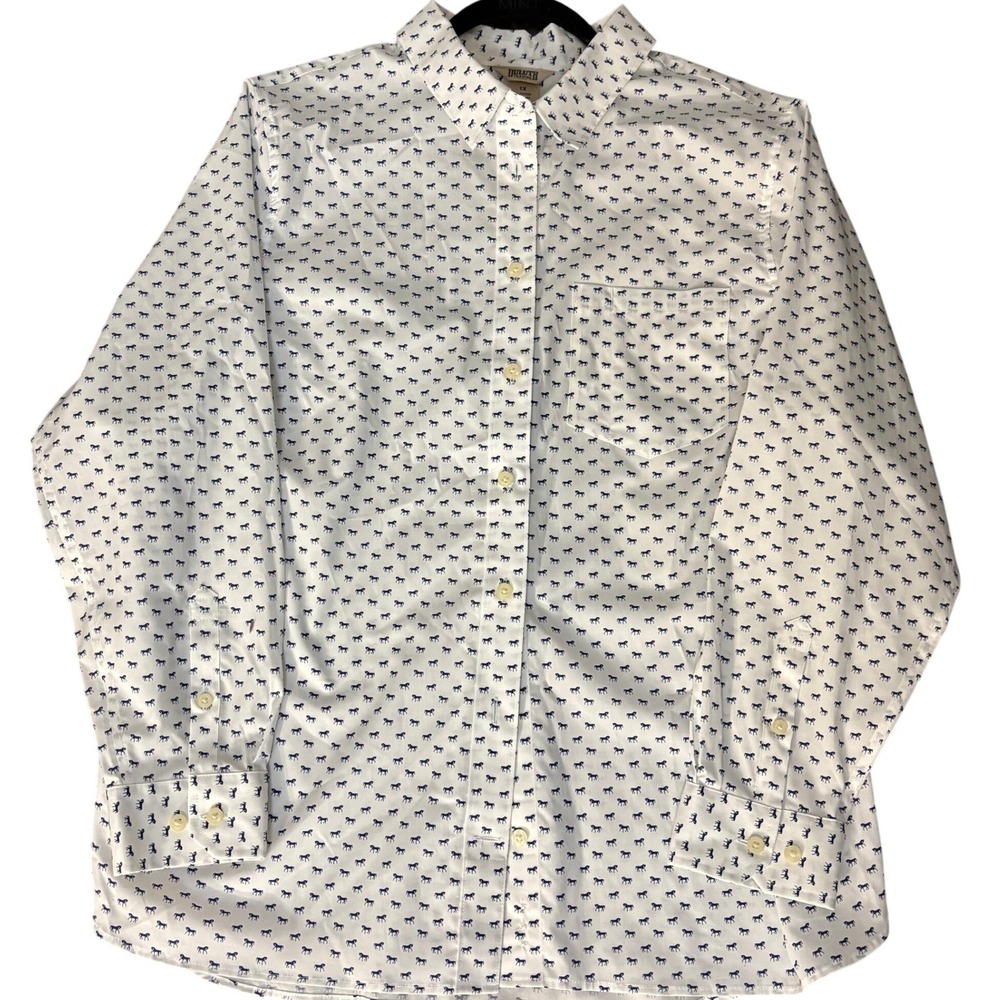 Duluth Trading Co Men 1X‎ White Navy Horse Print Button Down Long Sleeve Shirt